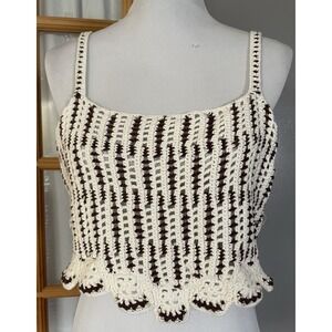 F21 Crochet Crop Tank Top Women's M Beige Ivory Broken Stripes Scalloped Hem